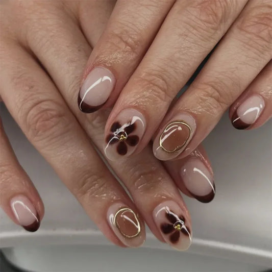 24pcs/set Medium-length Almond Nails French Manicure Spring and Summer Floral False Nails for Women and Girls Party Wedding Wear